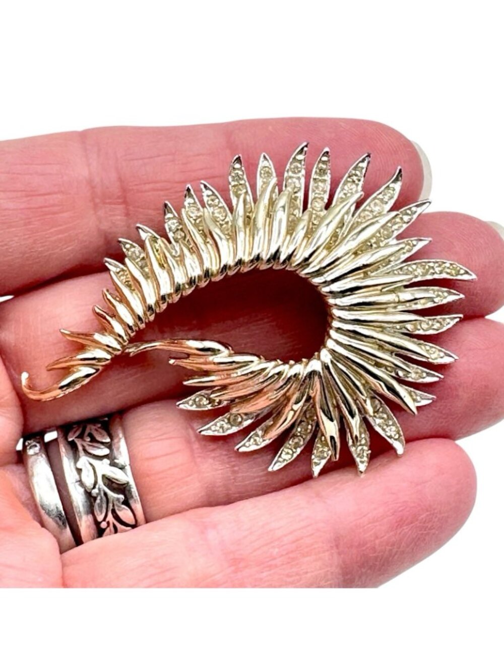 Vintage Marcel Boucher Brooch Gold Tone Rhodium Plated Fern Feather Rhinestones - Picture 7 of 14